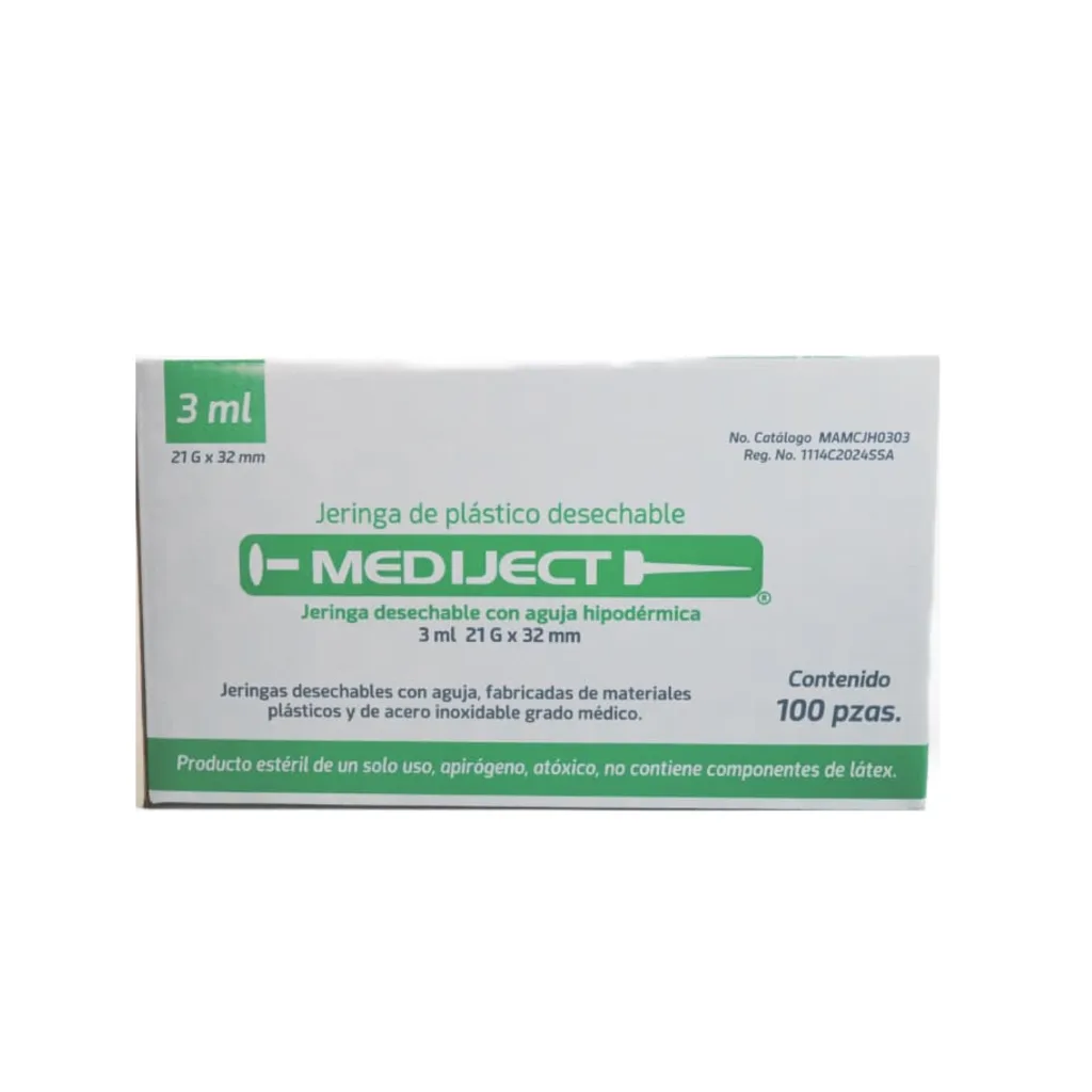 Jeringa Hipodérmica MediJect 3 ml con Aguja 21G x 32 mm - Caja con 100 Unidades Estériles