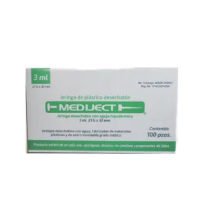 Jeringa Hipodérmica MediJect 3 ml con Aguja 21G x 32 mm - Caja con 100 Unidades Estériles