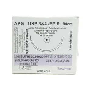 Sutura Absorbible APG Surgimed USP 3/4 EP 6 90cm Aguja Ahusada 50mm - Caja 12 pzas