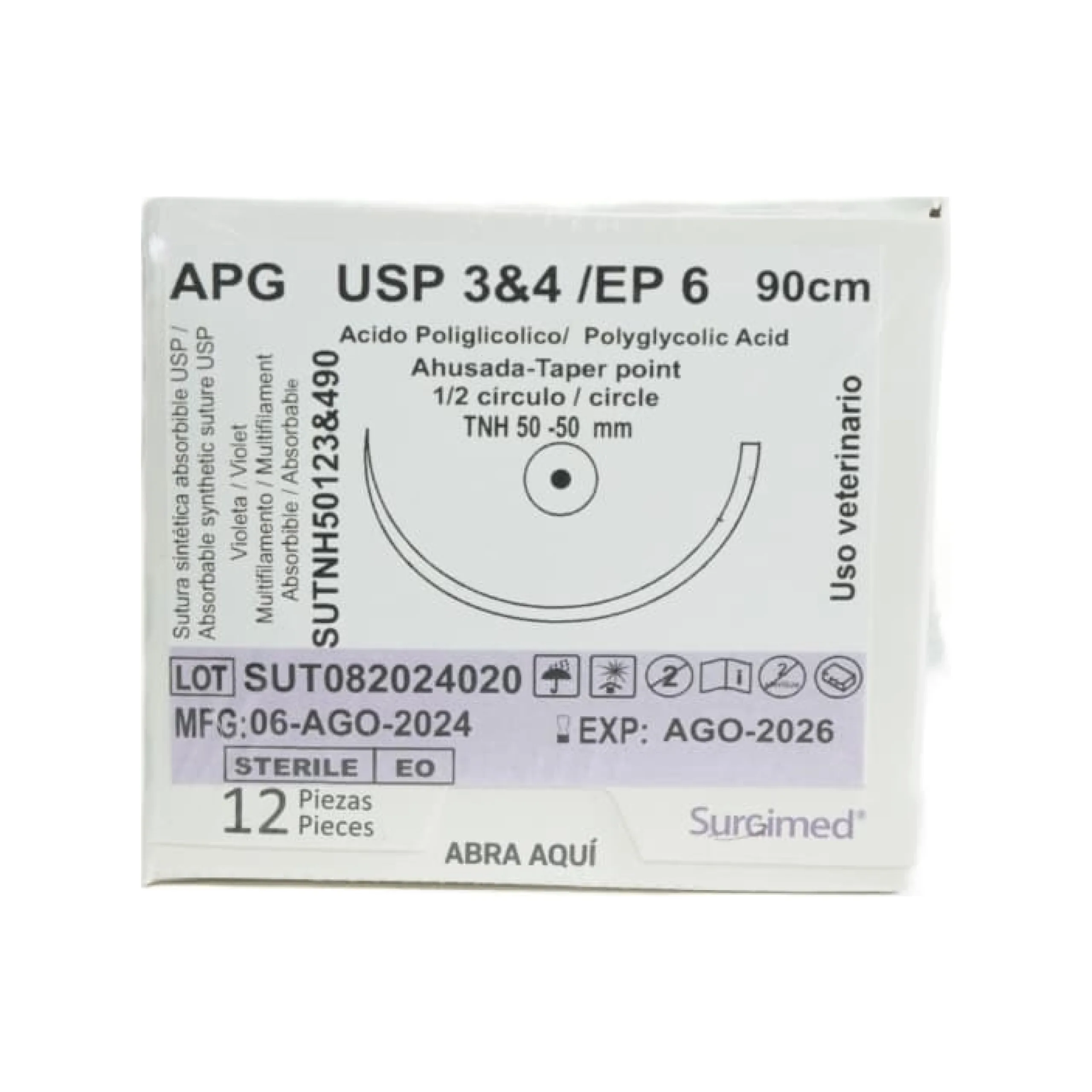 Sutura Absorbible APG Surgimed USP 3/4 EP 6 90cm Aguja Ahusada 50mm - Caja 12 pzas